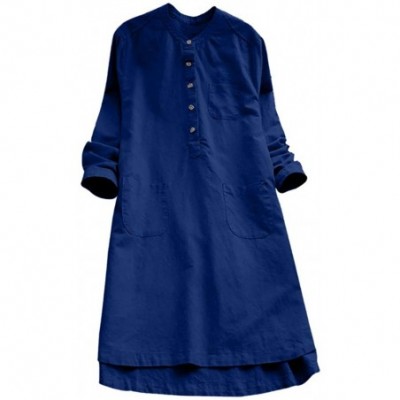 Tops Summer Dresses for Women- Solid Long Sleeve Casual Loose Button Tops Blouse Mini T Shirt Dress - Blue - CU194EAKRCY