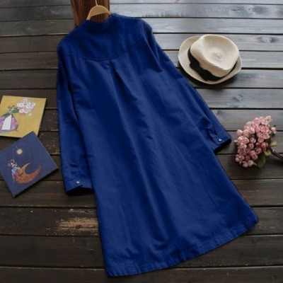 Tops Summer Dresses for Women- Solid Long Sleeve Casual Loose Button Tops Blouse Mini T Shirt Dress - Blue - CU194EAKRCY