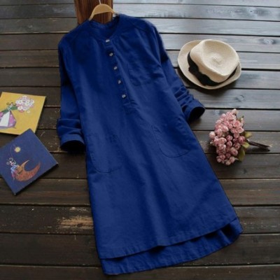 Tops Summer Dresses for Women- Solid Long Sleeve Casual Loose Button Tops Blouse Mini T Shirt Dress - Blue - CU194EAKRCY