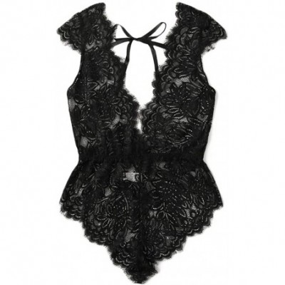 Baby Dolls & Chemises Womens Sexy Eyelash Lace Bodysuit Deep V Strappy Teddy Lingerie Jumpsuit Sleepwear - Black - CQ194LN674U