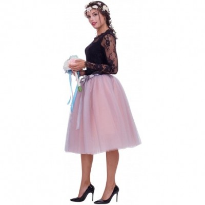 Slips Women's Summer Knee Length Tulle Skirt Pleated Bridesmaid Tutu Skirt - Gray+peach - CB18W39ZW6G