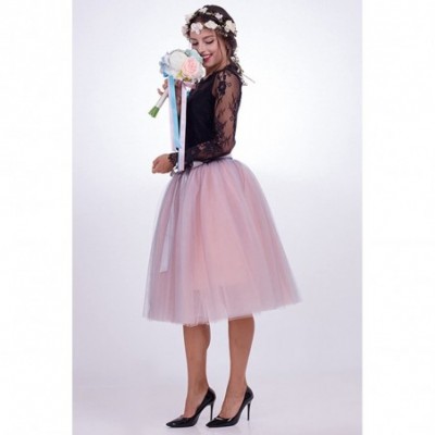 Slips Women's Summer Knee Length Tulle Skirt Pleated Bridesmaid Tutu Skirt - Gray+peach - CB18W39ZW6G