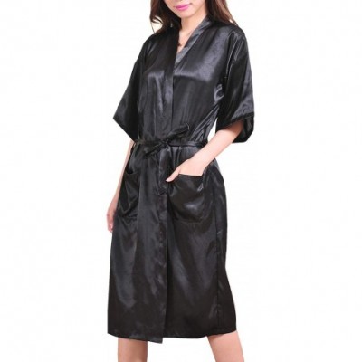 Robes Women's Satin Kimono Robes Bridal Silk Pockets Spa Bathrobe Classic Long Loungewear - Black - C118L357WYQ