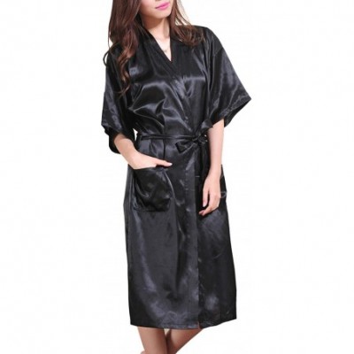 Robes Women's Satin Kimono Robes Bridal Silk Pockets Spa Bathrobe Classic Long Loungewear - Black - C118L357WYQ