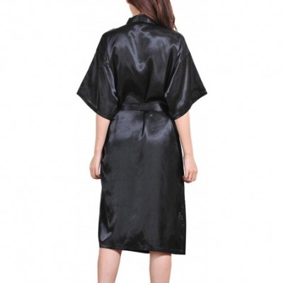 Robes Women's Satin Kimono Robes Bridal Silk Pockets Spa Bathrobe Classic Long Loungewear - Black - C118L357WYQ