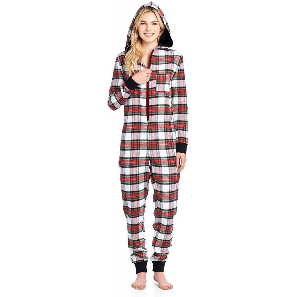 Sets Women's Flannel Hooded One Piece Pajama Union Jumpsuit - Dress Stewart - CV18EDGT84A