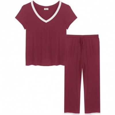 Sets Women's Bamboo Pajama Wicking Sleepwear Short Sleeves Top with Pants Set - Long-burgundy - CD199X0XH5R