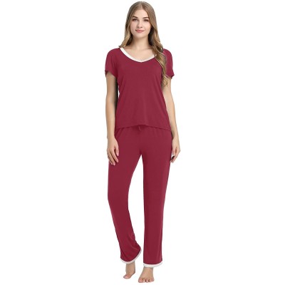 Sets Women's Bamboo Pajama Wicking Sleepwear Short Sleeves Top with Pants Set - Long-burgundy - CD199X0XH5R