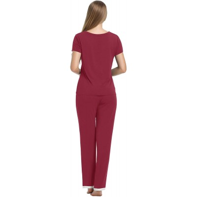 Sets Women's Bamboo Pajama Wicking Sleepwear Short Sleeves Top with Pants Set - Long-burgundy - CD199X0XH5R