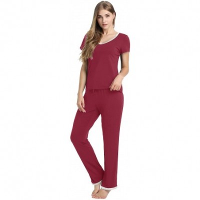 Sets Women's Bamboo Pajama Wicking Sleepwear Short Sleeves Top with Pants Set - Long-burgundy - CD199X0XH5R