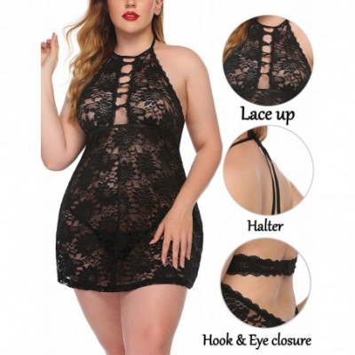 Baby Dolls & Chemises Plus Size Lingerie Lace Chemise Lingerie Halter Babydoll - Black - CK190R45TZX