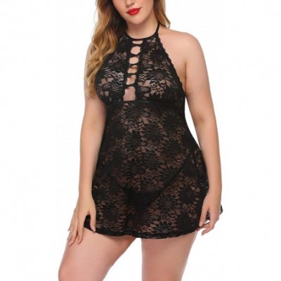 Baby Dolls & Chemises Plus Size Lingerie Lace Chemise Lingerie Halter Babydoll - Black - CK190R45TZX