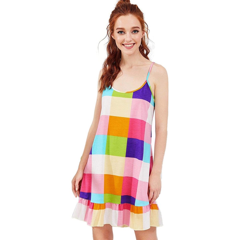 Nightgowns & Sleepshirts Women's Sleeveless Nightgown Lounge Dress Full Slip Nightwear Sleepshirt - Multicolored Eye Mask - C...