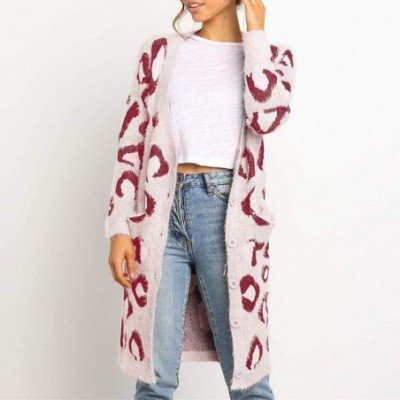 Slips Womens Cardigans Plus Size Long Sleeve Button Down Leopard Knitted Cardigan Long Sweater Coat - Red - C018XUC27I9