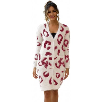 Slips Womens Cardigans Plus Size Long Sleeve Button Down Leopard Knitted Cardigan Long Sweater Coat - Red - C018XUC27I9