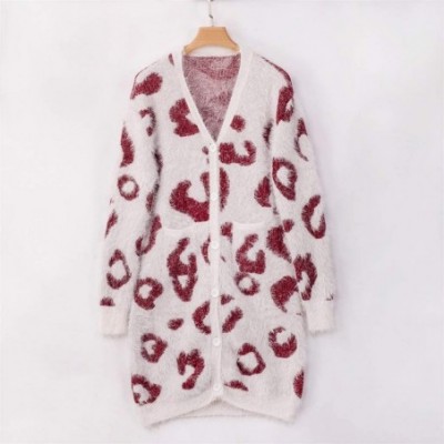 Slips Womens Cardigans Plus Size Long Sleeve Button Down Leopard Knitted Cardigan Long Sweater Coat - Red - C018XUC27I9