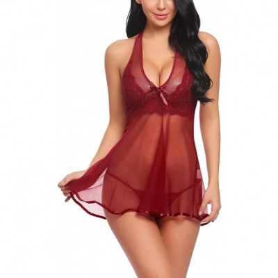 Baby Dolls & Chemises Women Sexy Lingerie V Neck Sheer Lace Babydoll Strap Chemise Nightie Mesh Sleepwear - Dark Red(5100) - ...