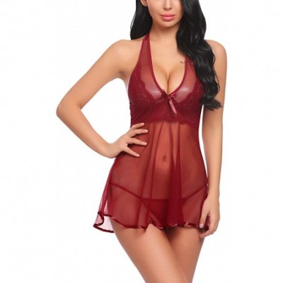 Baby Dolls & Chemises Women Sexy Lingerie V Neck Sheer Lace Babydoll Strap Chemise Nightie Mesh Sleepwear - Dark Red(5100) - ...