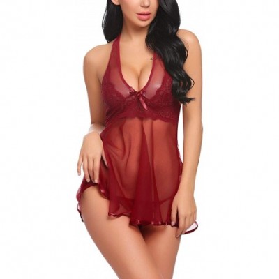 Baby Dolls & Chemises Women Sexy Lingerie V Neck Sheer Lace Babydoll Strap Chemise Nightie Mesh Sleepwear - Dark Red(5100) - ...