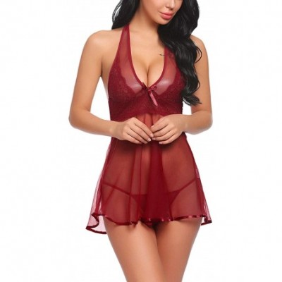 Baby Dolls & Chemises Women Sexy Lingerie V Neck Sheer Lace Babydoll Strap Chemise Nightie Mesh Sleepwear - Dark Red(5100) - ...