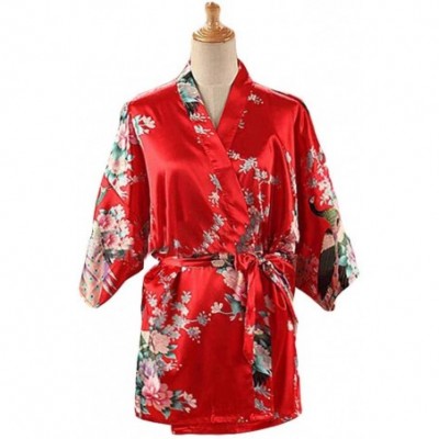 Robes Red - Short Women's Pajamas Silk-Like Bathrobe Kimono Robe Peacock/Blossoms - C918KNSWDAH