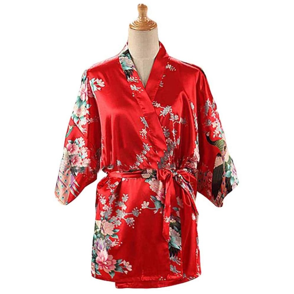 Robes Red - Short Women's Pajamas Silk-Like Bathrobe Kimono Robe Peacock/Blossoms - C918KNSWDAH