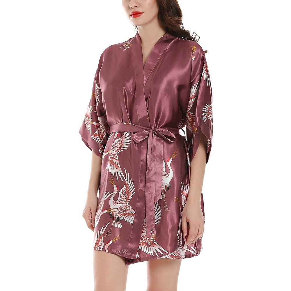 Robes Women's Short Silk Kimono Robes Satin Loungewear Half Sleeve Luxury Crane Nightwear - Purple - CE18U2CDQ8H