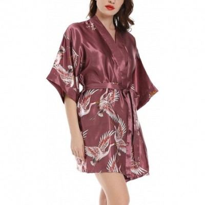 Robes Women's Short Silk Kimono Robes Satin Loungewear Half Sleeve Luxury Crane Nightwear - Purple - CE18U2CDQ8H