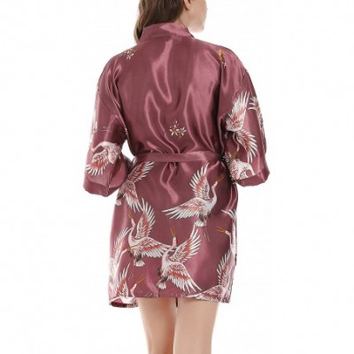 Robes Women's Short Silk Kimono Robes Satin Loungewear Half Sleeve Luxury Crane Nightwear - Purple - CE18U2CDQ8H