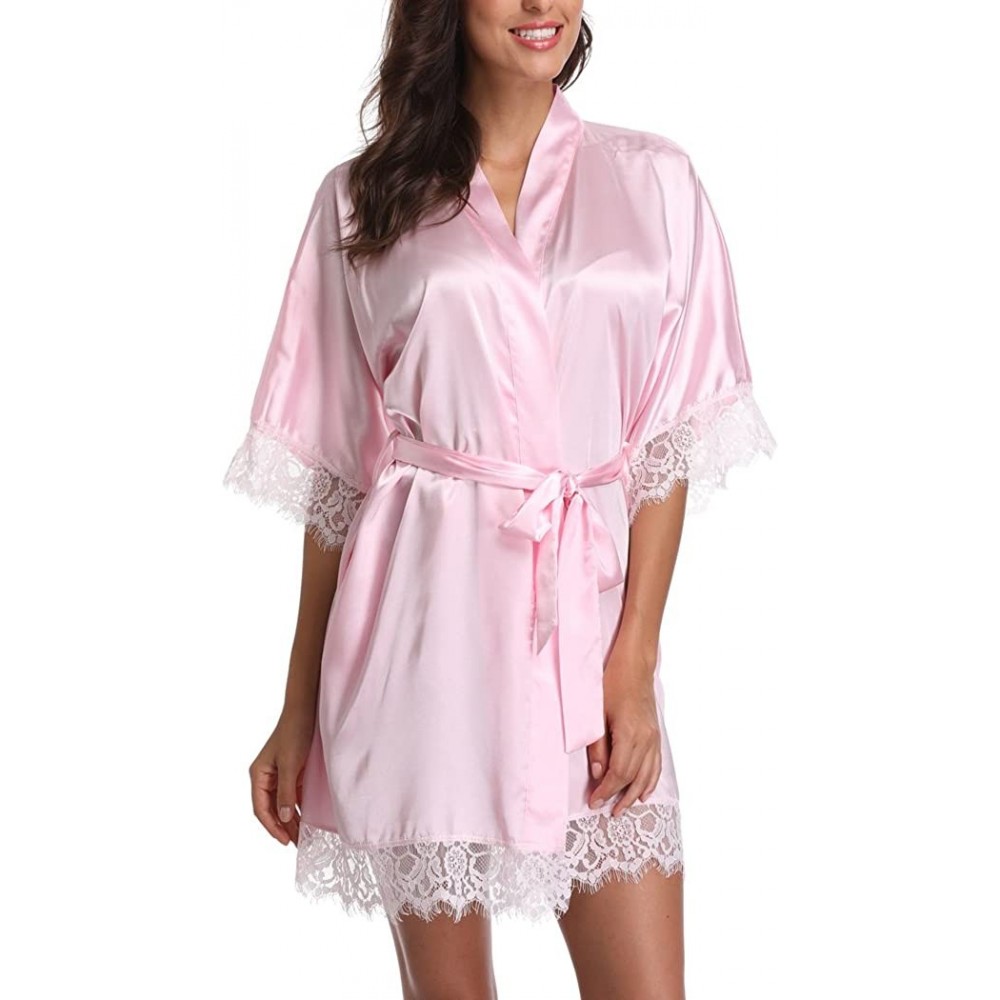 Robes Short Satin Kimono Robes Women Pure Color Bridemaids Bath Robe with Lace Trim - Light Pink - CN180IX006C