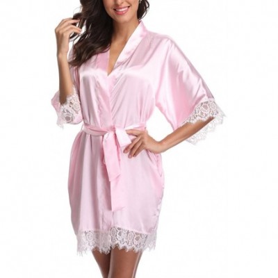 Robes Short Satin Kimono Robes Women Pure Color Bridemaids Bath Robe with Lace Trim - Light Pink - CN180IX006C