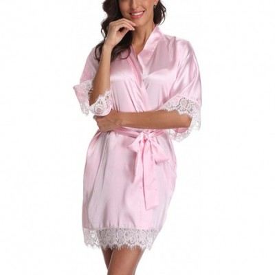 Robes Short Satin Kimono Robes Women Pure Color Bridemaids Bath Robe with Lace Trim - Light Pink - CN180IX006C