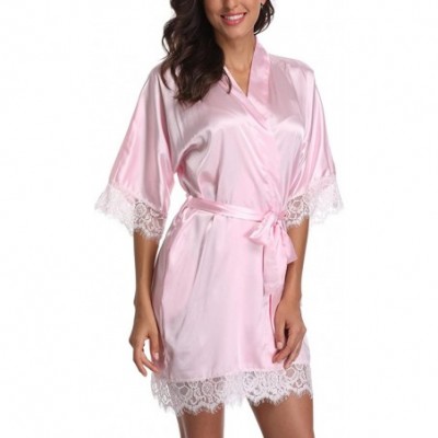 Robes Short Satin Kimono Robes Women Pure Color Bridemaids Bath Robe with Lace Trim - Light Pink - CN180IX006C