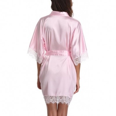 Robes Short Satin Kimono Robes Women Pure Color Bridemaids Bath Robe with Lace Trim - Light Pink - CN180IX006C