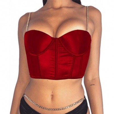 Thermal Underwear Sexy Satin Chain Strap Padded Push Up Bustier Corset Crop Tops for Women Party Club - Red - C119DSOTTA9