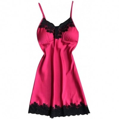 Nightgowns & Sleepshirts Sexy Sleepwear Womens Chemise Nightgown Lace Nightdress with Chest Pads - Hot Pink - CE18QXYHIS3