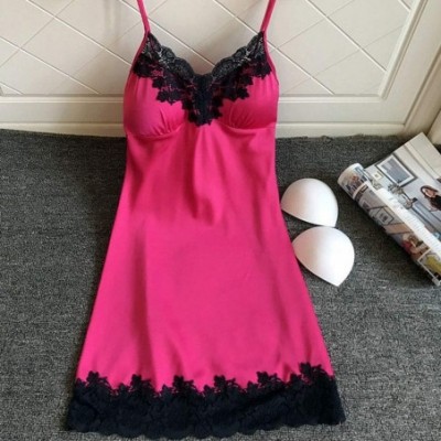 Nightgowns & Sleepshirts Sexy Sleepwear Womens Chemise Nightgown Lace Nightdress with Chest Pads - Hot Pink - CE18QXYHIS3