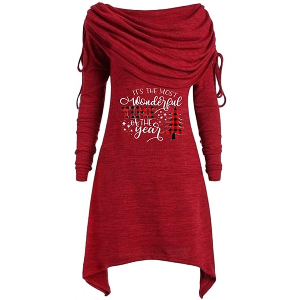 Thermal Underwear Christmas Sweatshirt Women's Plus Size Long Sleeve Fold-Over Collar Ruched Long Tunic Tops - C-red - C718ZZ...