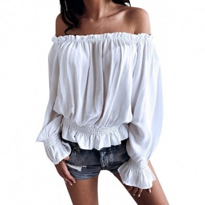 Tops Blouse Long Sleeve Shirt- Women's Striped Off Shoulder Bell Sleeve Shirt Tie Knot Casual Blouses Tops - C-white - C018XL...