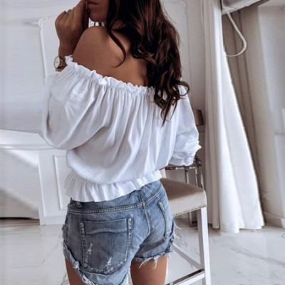 Tops Blouse Long Sleeve Shirt- Women's Striped Off Shoulder Bell Sleeve Shirt Tie Knot Casual Blouses Tops - C-white - C018XL...