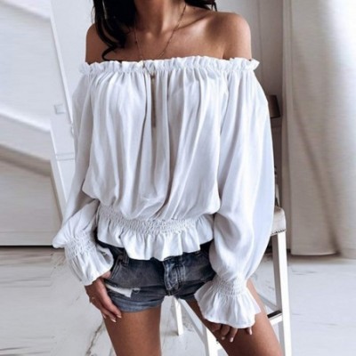 Tops Blouse Long Sleeve Shirt- Women's Striped Off Shoulder Bell Sleeve Shirt Tie Knot Casual Blouses Tops - C-white - C018XL...