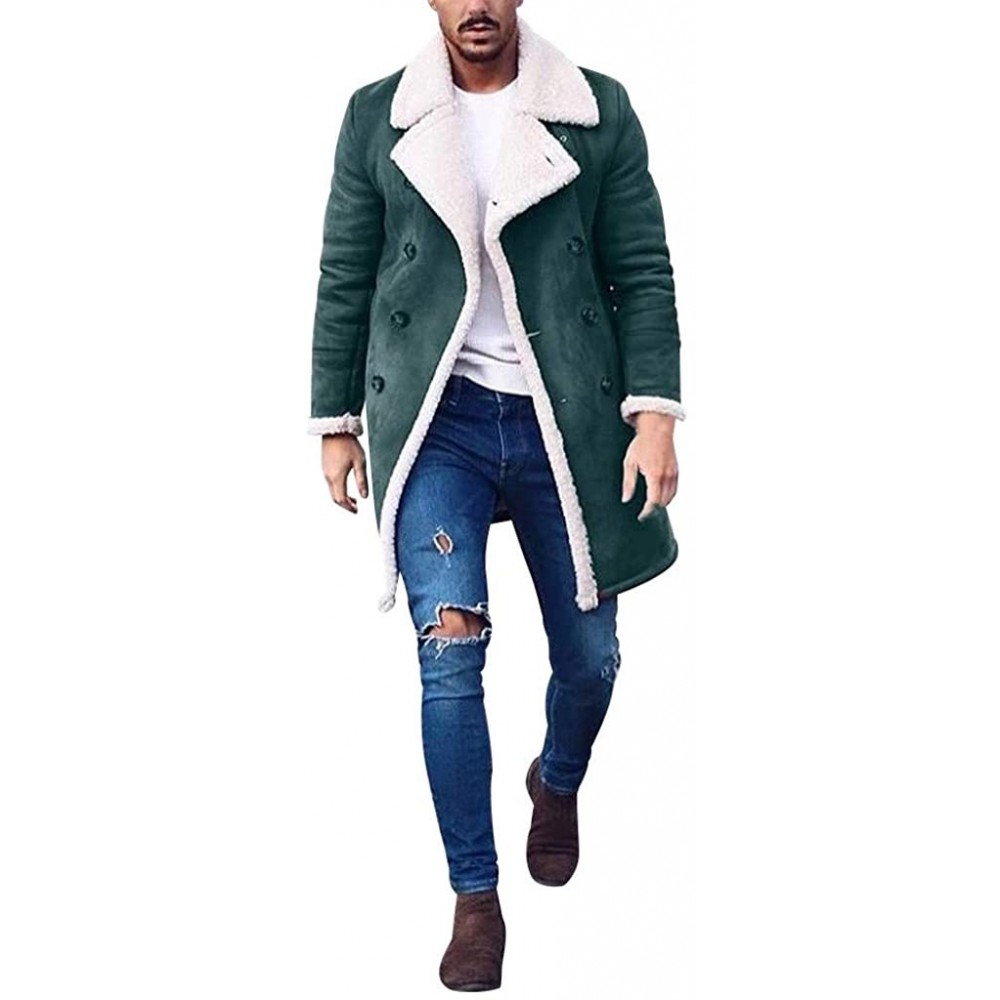 G-Strings & Thongs Men Winter Lapel Neck Double Breasted Faux Fur Shearling Lined Long Suede Jacket Coat - Green - CD192T42TS2