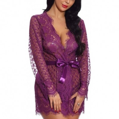 Baby Dolls & Chemises Lace Robe for Women Sexy-Kimono Babydoll Lingerie-Mesh Nightgown-Sexy Sheer Chemise G-String and Belt -...