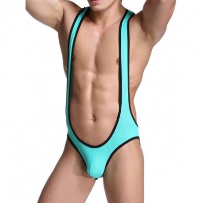 Undershirts Men's Sexy Mesh Wrestling Singlet Underwear Jockstrap Bodysuit Jumpsuit - Green - CA12N78W6R7