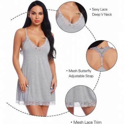 Nightgowns & Sleepshirts Women Lace Lingerie Sleepwear Chemises V-Neck Full Slip Babydoll Nightgown Dress - Light Gray - CX18...