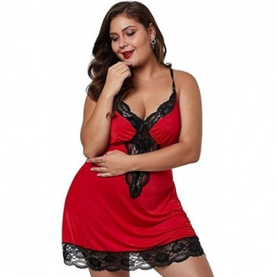 Baby Dolls & Chemises Women Plus Size Babydoll Nightdress Ladies Deep V-Neck Lace Trim Chemise with G-String Sleepwear Underw...