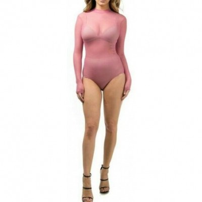 Shapewear Womens Basic Classic Kylie Style Mesh Bodysuit Long & Short Sleeves - Rose L/S - C618SW9DOLY