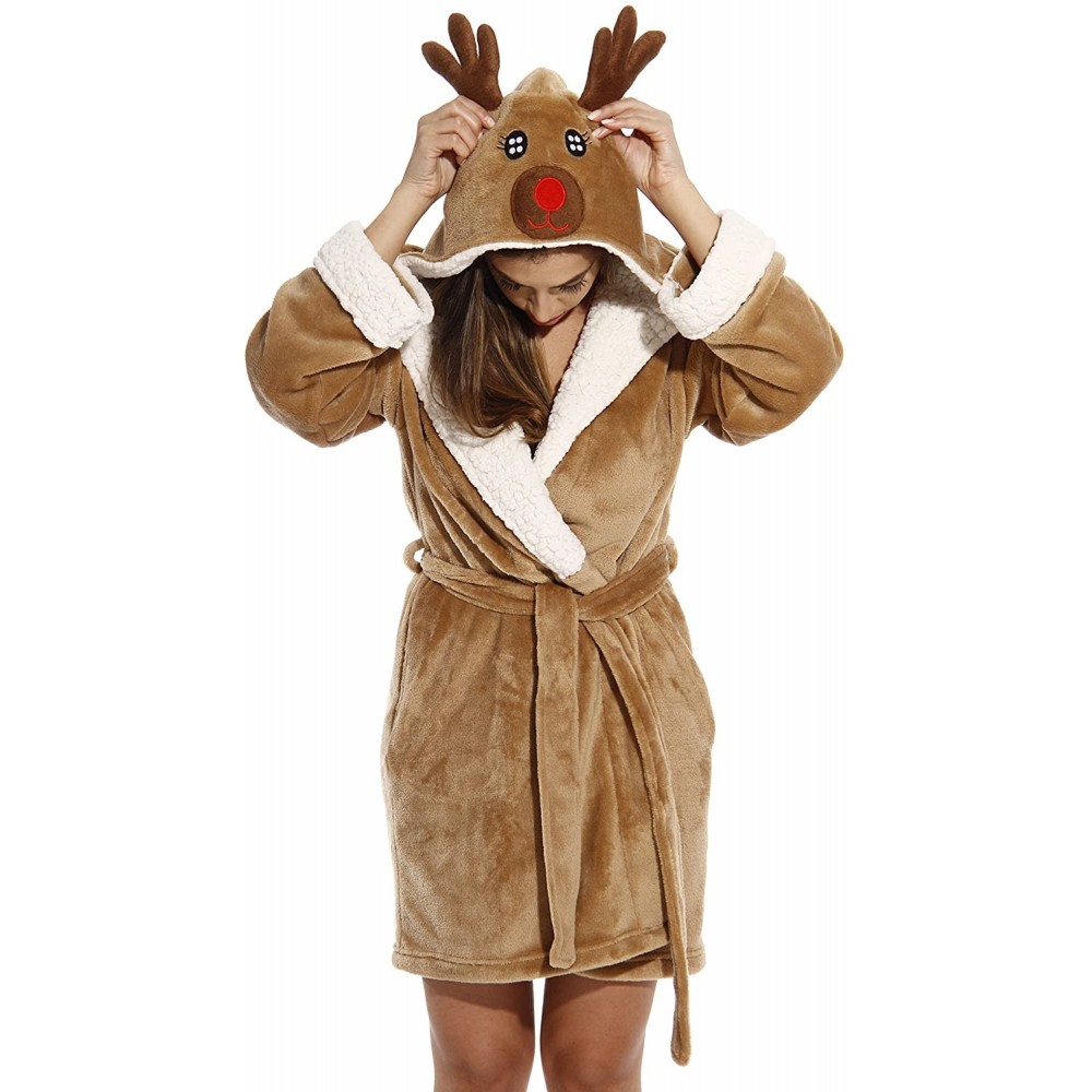 Robes Critter Holiday Robe Sherpa Trim Velour Robes for Women - Reindeer - C617AZMYK7D