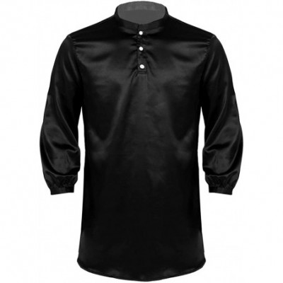 Robes Mens Silky Satin Nightshirt Comfy Long Sleeve Solid Color Pajamas Loose Pullover Sleepwear - Black - CA18U0LYTO8