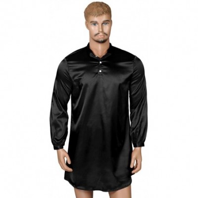 Robes Mens Silky Satin Nightshirt Comfy Long Sleeve Solid Color Pajamas Loose Pullover Sleepwear - Black - CA18U0LYTO8